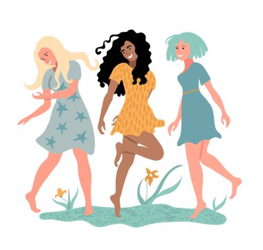 Çimlerin üzerinde dans eden yaz elbiseli üç genç kadın. Düz çizim yapan mutlu insanlar. Uluslararası Kadınlar Günü. Vektör illüstrasyonu beyazda izole edildi. 