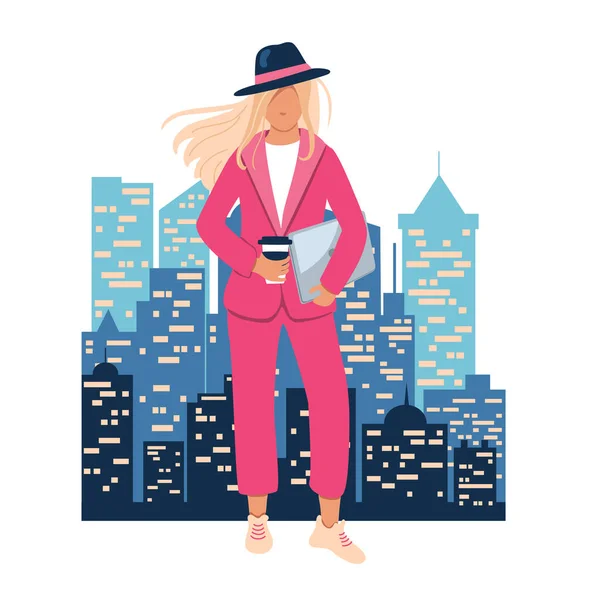 Blonde Woman Pink Suit Coffee Laptop Background Night City Cute — Stock Vector