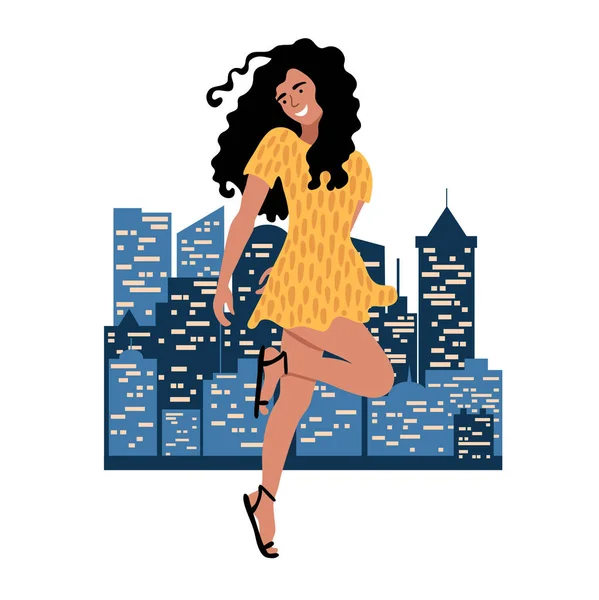 Mujer Bailarina Joven Con Pelo Curvo Vestido Amarillo Fondo Ciudad — Vector de stock