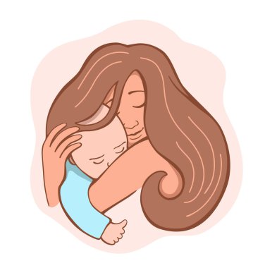 Annem pembe arka planda bebeğe sarılıyor. Kadınsal mutluluk, ebeveyn bakımı ve aşk konsepti taslağı. Anneler günü için mutlu annelik taslayan el çizimi renk vektörü çizimi