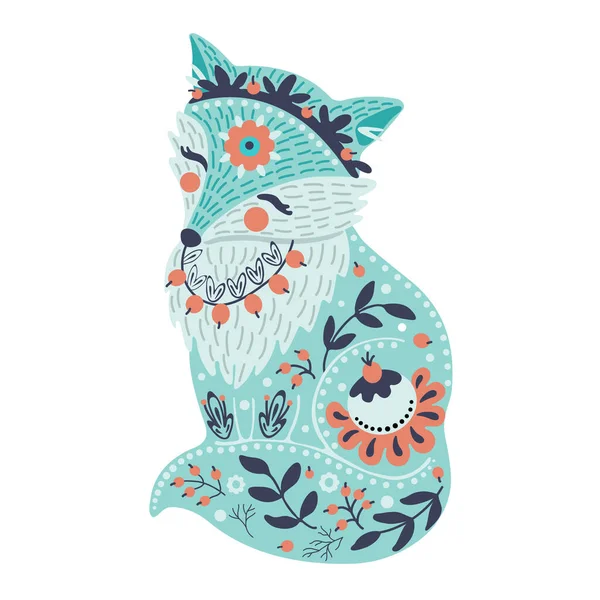 Turkuaz tilki ile renkli vektör illüstrasyonu ve İskandinav tarzı bir çizimde çiçekler. Dizayn defteri, kartlar, tişört, posterler için şablon.