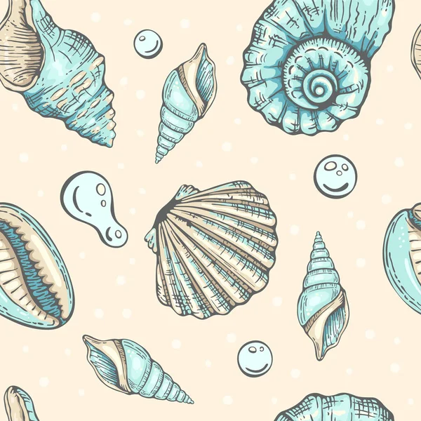 Seamless pattern with seashells and bubbles. Marine background. Endless vector illustration in sketch style. Backdrop for greetings, invitations, wrapping paper, textile.