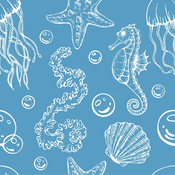 Безшовний Морський Візерунок Черепашками Водоростями Медузами Морськими Зірками Векторні Ілюстрації — стоковий вектор