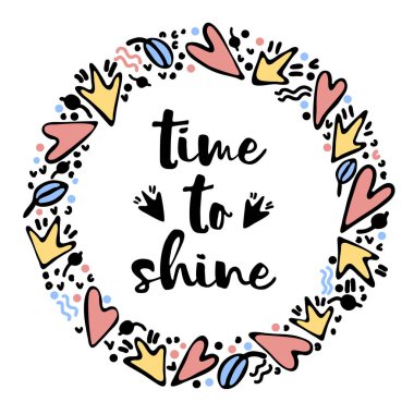 Kalpli, yapraklı ve tasarım elementli el çizimi yuvarlak vektör çerçevesi. Sevgililer Günü için çelenk, davetiyeler ve tebrik kartları. Luterin ile karalama stili çizmek