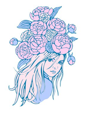 Kafasında karanfil ve şakayık desenleri olan güzel bir kadın. Renkli vektör çizimi. Eskiz tarzında uzun saçlı güzel bir kız.. 