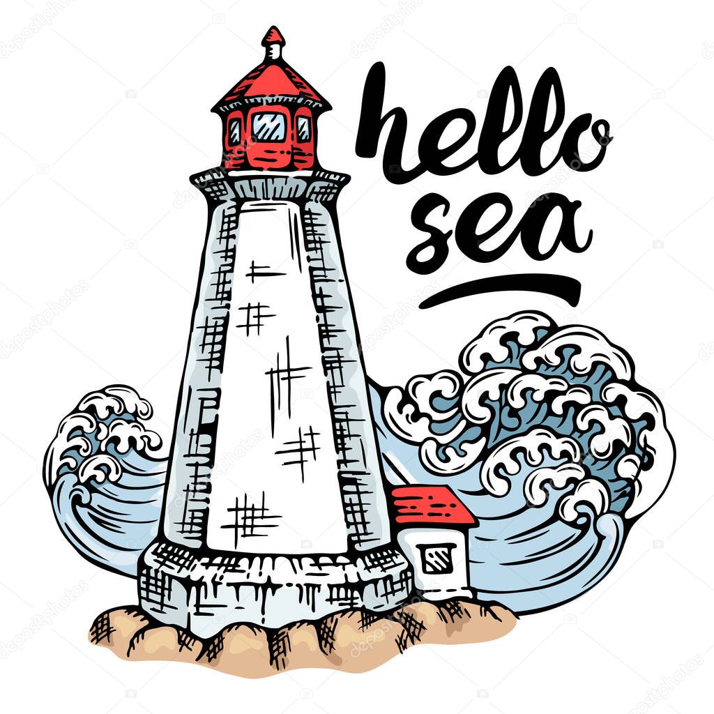 Hand drawn cartoon lighthouse with waves in engraved style. Isolated on white background vector illustration with lettering. Template notebook, cards, T-shirt, posters.