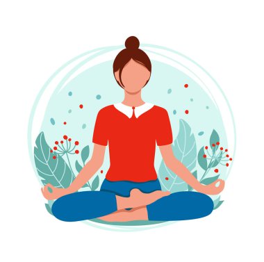 Genç bir kadın meditasyon yapıyor ve doğal arka planda Lotus 'ta oturuyor. Yoga, meditasyon, rahatlama ve sağlıklı yaşam tarzı kavramları. Düz biçimli vektör illüstrasyonu.