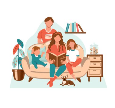 Evde çocukları olan mutlu bir aile. İnsanlar kanepede oturuyor ve annem çocuklar için kitap okuyor. Aile yaşam tarzı konsepti. Düz çizim biçiminde rahat vektör çizimi