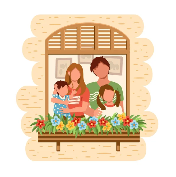 Family Staying Window Together Home People Self Quarantine Protection Virus — Stock Vector