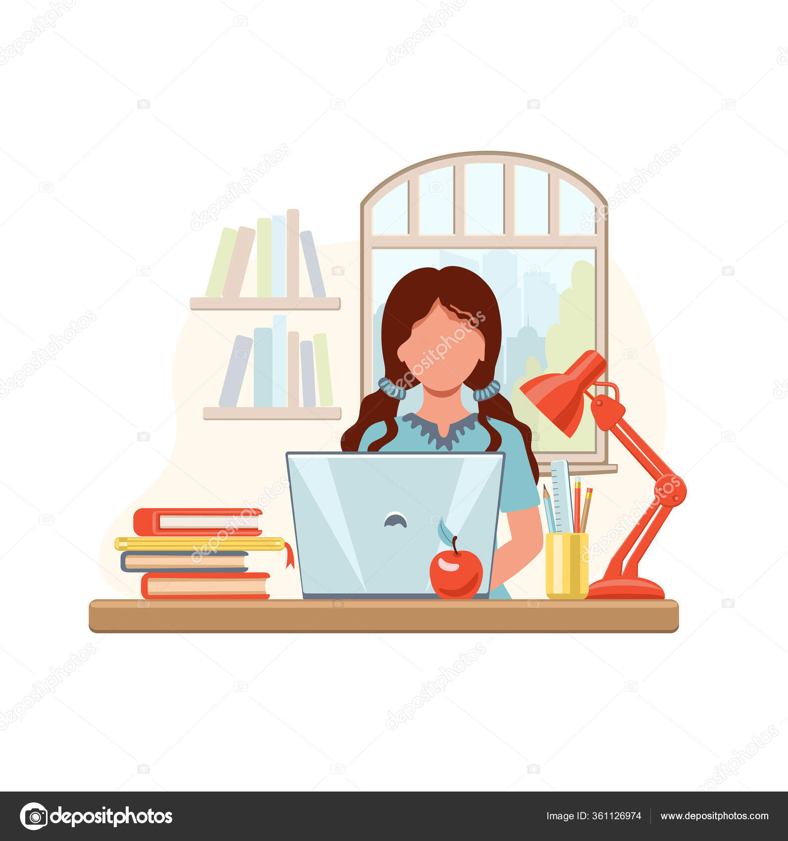Cartoon Girl Studying Home Computer Books Window Background School Girl  Stock Vector Image by ©n_manycheva@ #361126974