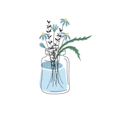 Bahar ya da yaz papatya buketi ve yapraklar kavanozda. Bitkilerle ilgili romantik bir kavram. İğne, çıkartma, kart ve davetiye için minimal botanik illüstrasyon. Beyaz arkaplanda vektör illüstrasyonu.