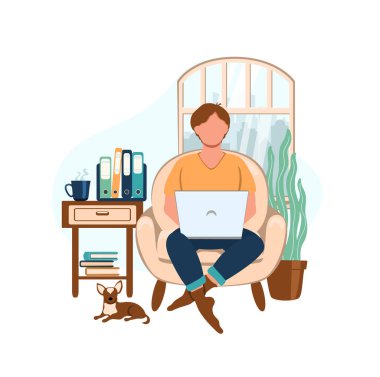 Genç adam dizüstü bilgisayarlı bir sandalyede oturuyor ve evden çalışıyor. Merkez ofis konsepti. Çalışan ya da evde çalışan insanlar. Evdeki insanlar. Düz biçimli vektör illüstrasyonu