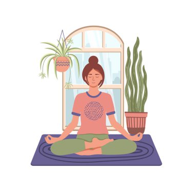Genç bir kadın meditasyon yapıyor ve arka planda, çiçekleri ve penceresiyle Lotus 'ta oturuyor. Ev aktivitesi. Karantina karantinası. Yoga, meditasyon, rahatlama ve sağlıklı yaşam tarzı kavramları. Düz biçimli vektör illüstrasyonu