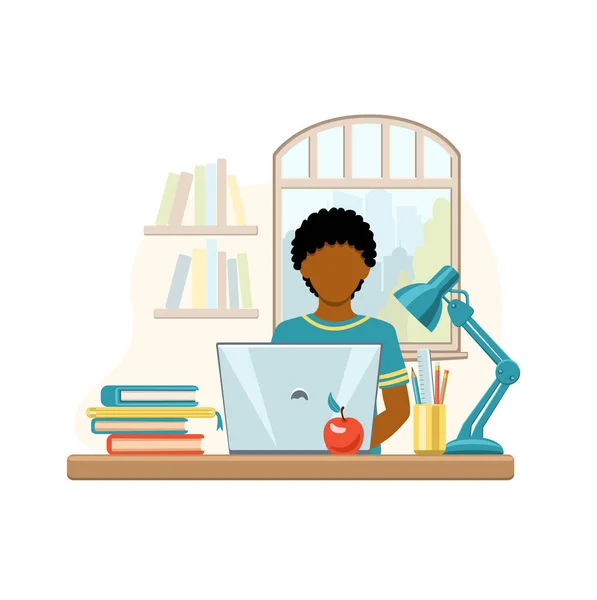 Cartoon African American Boy Studying Home Computer Books Window Background — Stock Vector