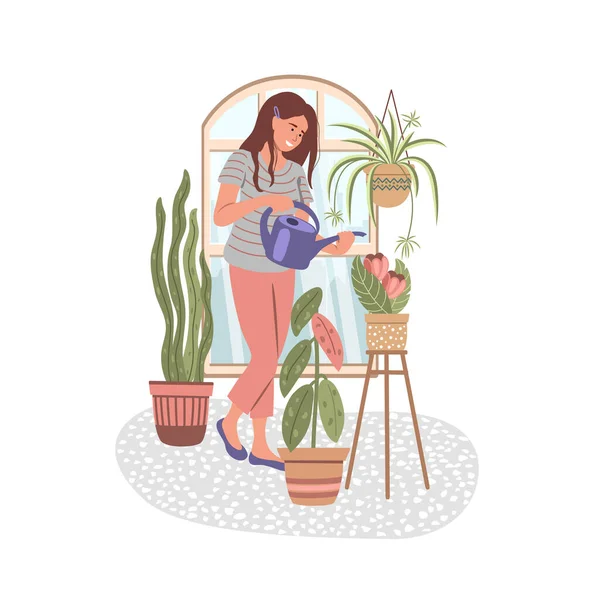 Mosolygó Kezében Egy Öntözőkanna Öntözővirágok Otthon Ablak Hátterében Kertészkedés Vagy — Stock Vector