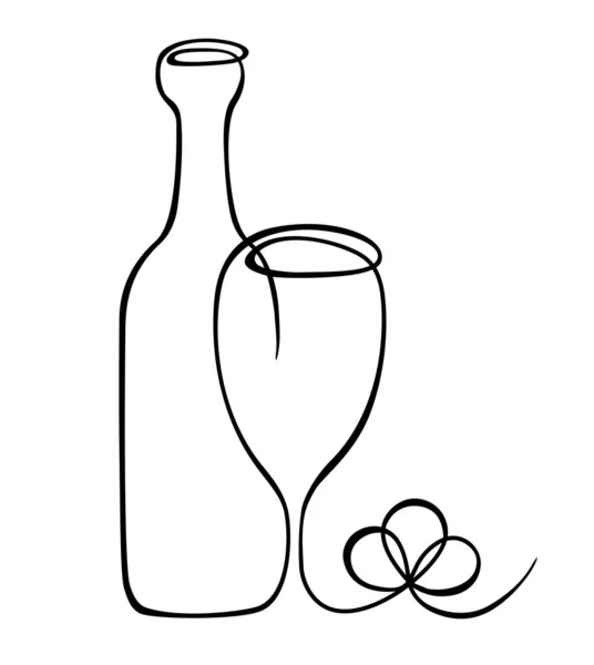 ワインボトル ワイングラスとラインアートスタイルのブドウとベクトルイラスト 白を基調とした連続線画を手描き — ストックベクタ