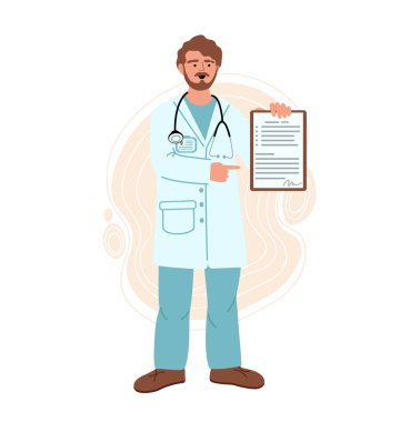 Doktor bir reçete ya da tedavi önerileri listesi tutuyor. Doktor ya da tıp cüppeli bilim adamı. Düz biçimli vektör illüstrasyonu. 