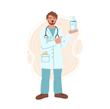 Doktor bir dezenfektan tutuyor ve el yıkamayı tavsiye ediyor. Tıp kıyafetleri içinde bir doktor ya da bilim adamı. Antivirüs konsepti. Düz biçimli vektör illüstrasyonu.