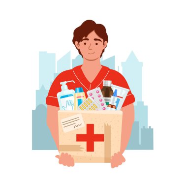 Şehrin arka planında tıbbi alımları olan bir ilaç kuryesi. Virüsün önlenmesi sırasında uyuşturucu almış bir erkek kurye. Güvenli ev ve karantina kavramı. Teslimat ve servis konsepti. Düz biçimli vektör illüstrasyonu.