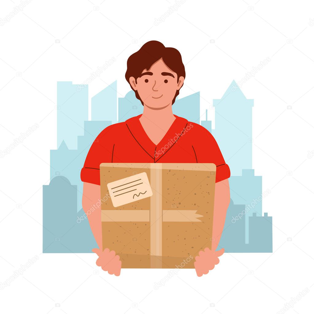 Courier with the package on the city background. Male courier character with box during the prevention of virus. Safety home and quarantine concept. Vector illustration in flat style. Delivery and service concept. 