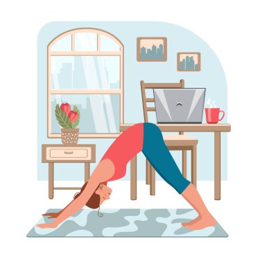 Modern iç mekanda evde yoga yapan bir kadın. Evde kal konsepti. Yoga, meditasyon, rahatlama ve sağlıklı yaşam tarzı. Çizgi film tarzında vektör illüstrasyonu.