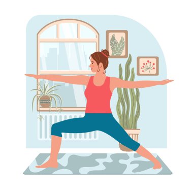 Modern iç mekanda evde yoga yapan bir kadın. Evde kal konsepti. Yoga, meditasyon, rahatlama ve sağlıklı yaşam tarzı. Çizgi film tarzında vektör illüstrasyonu.