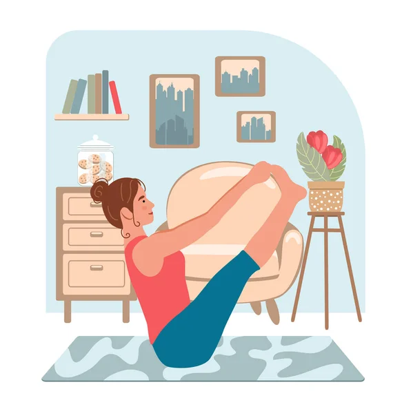 Frau Beim Yoga Hause Modernen Interieur Bleiben Sie Hause Illustration — Stockvektor