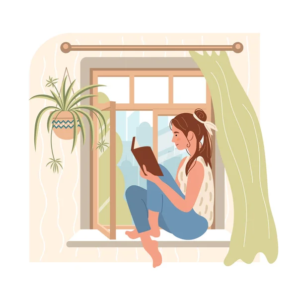 Jeune Femme Lisant Livre Assis Près Fenêtre Dans Intérieur Moderne — Image vectorielle