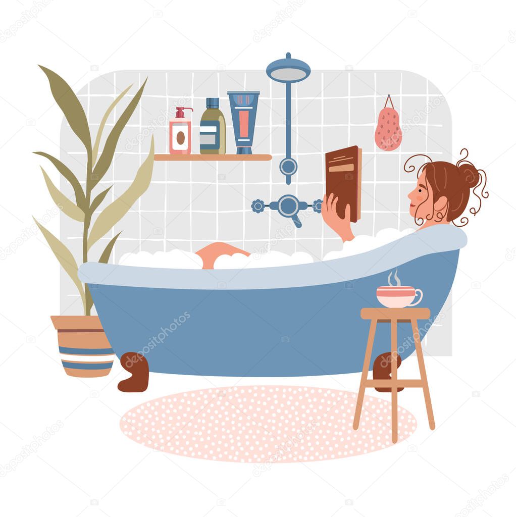 Young woman relaxes in bath and reads book. Daily life and everyday routine. Girl is in cozy bathroom with home plants and cup of tea. Cartoon vector illustration. Vector illustration in flat style.