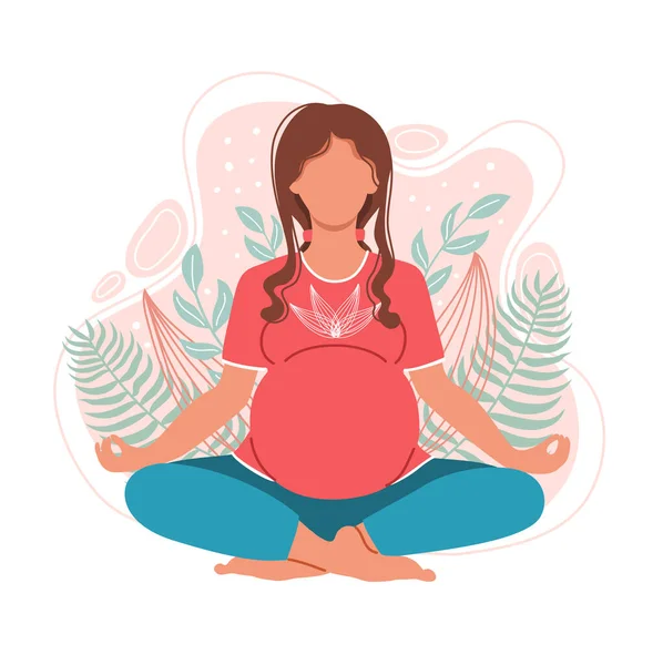 Młoda Kobieta Ciąży Medytująca Siedząca Lotosie Naturalnym Tle Koncepcja Zdrowia — Wektor stockowy