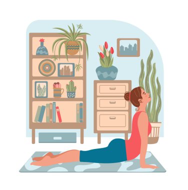 Modern iç mekanda evde yoga yapan bir kadın. Evde kal konsepti. Yoga, meditasyon, rahatlama ve sağlıklı yaşam tarzı. Çizgi film tarzında vektör illüstrasyonu.