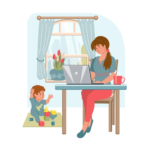 Young Woman Laptop Working Home Working Mom Kid Modern Interior — Stock Vector