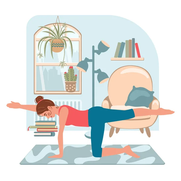 在现代室内做瑜伽的女人 待在家里的概念 放松和健康生活方式的图解 平面卡通风格的矢量插图 — 图库矢量图片