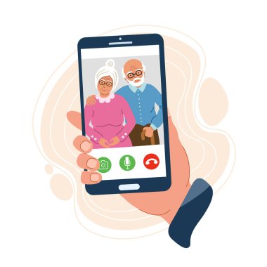El ele tutuşan akıllı telefon. Aile bağlantısı olan bir telefon. Yaşlı çift haberci kullanarak iletişim kuruyor. Akrabalar dedeleri arar. Güvenli ev ve karantina kavramı. Vektör düz resimleme 