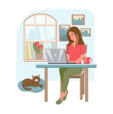 Dizüstü bilgisayarı olan genç bir kadın evde çalışıyor. Modern iç mekanda oturan bir kız. Merkez ofis konsepti. Çalışan ya da evde çalışan insanlar. Düz biçimli vektör illüstrasyonu.