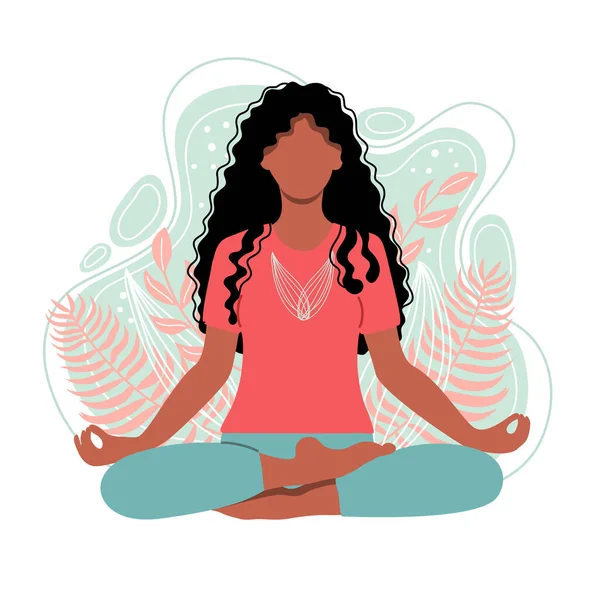 Young African American Woman Meditating Sitting Lotus Natural Background Girl — Stock Vector