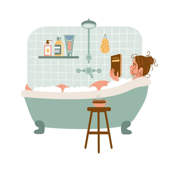 Cartoon Pregnant Woman Relaxes Bath Reads Book Happy Pregnancy Daily — Stock Vector