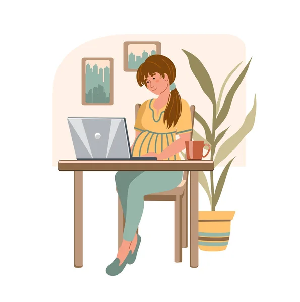 Desenhos Animados Mulher Grávida Com Laptop Trabalhando Casa Feliz Gravidez — Vetor de Stock