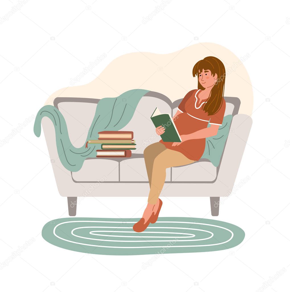 Cartoon pregnant woman reading a book and sitting on the sofa in modern interior. Happy pregnancy. Home activity. Stay home and virus quarantine concept. Vector illustration drawing in flat styl