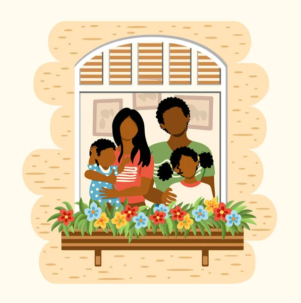 Feliz Família Afro Americana Ficando Junto Janela Juntos Casa Conceito —  Vetores de Stock