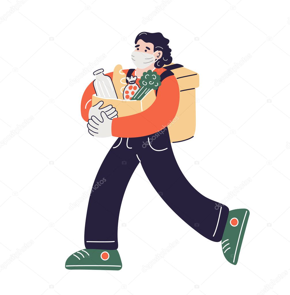 Delivery man wearing medical mask and gloves with a product package. Courier with a backpack delivers food. Safe delivery concept. Vector illustration in flat style.