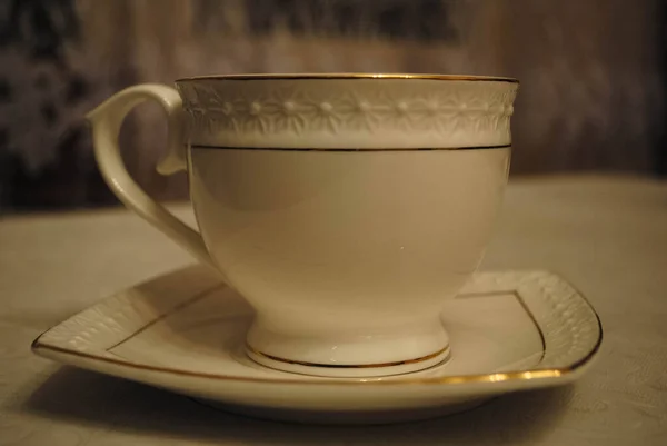 Close Empty Porcelain Saucer Cup Pattern Yellow Bordure Cup Tea — Stock Photo, Image
