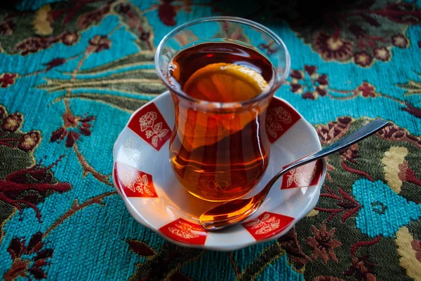 Armud Tea Glass Saucer Small Spoon Blue Decorative Tablecloth Animals — Stock Photo, Image