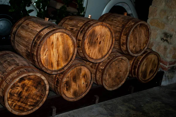 Image Wine Barrels Stacked Cellar Oak Barrels — Stock Photo, Image