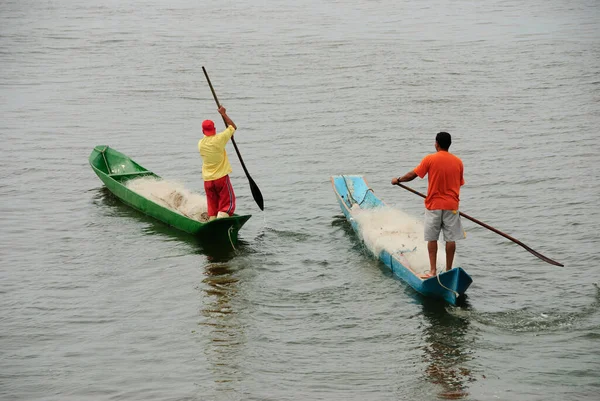 Doi Pescari Care Navighează Râu Bărci Pescuit Cananeia Brazil — Fotografie, imagine de stoc