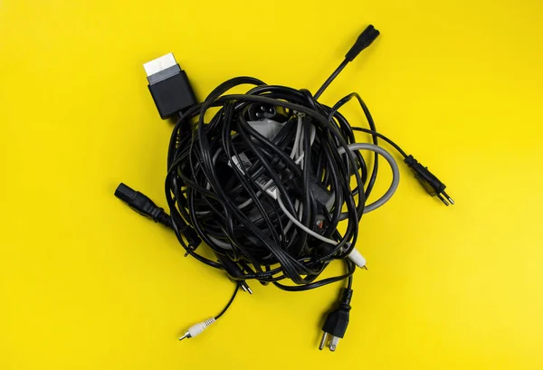 Tangled Roll Computer Wires Yellow Background Stock Photo