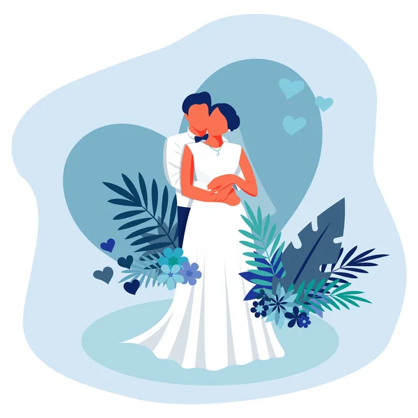 Wedding couple on blue background with hearts and tropical leaves. Flat illustration. Vector — Stok Vektör