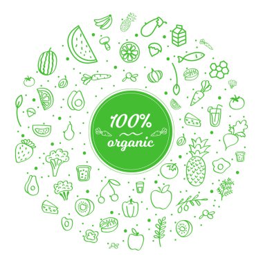 Heathy food. 100% organic. Set of hand drawn isolated icon. Green. vector