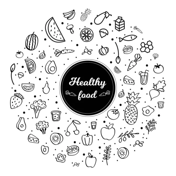 Heathy food. Set of hand drawn isolated icon. Black and white. vector — 스톡 벡터