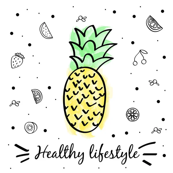 Watercolor pineapple vector illustration. Healthy lifestyle. — 스톡 벡터